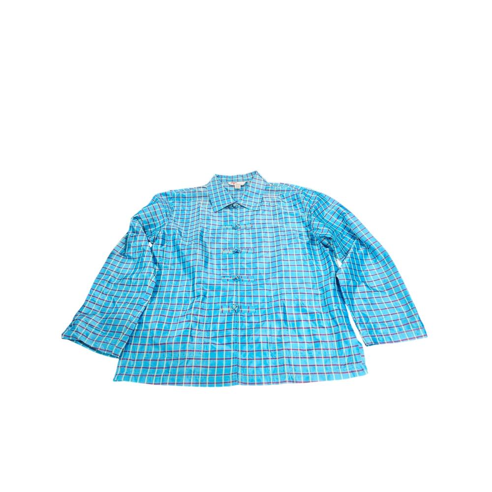 Indo-Chic 100% Silk Plaid Frog Toggle Closure Blouse Women's M Blue